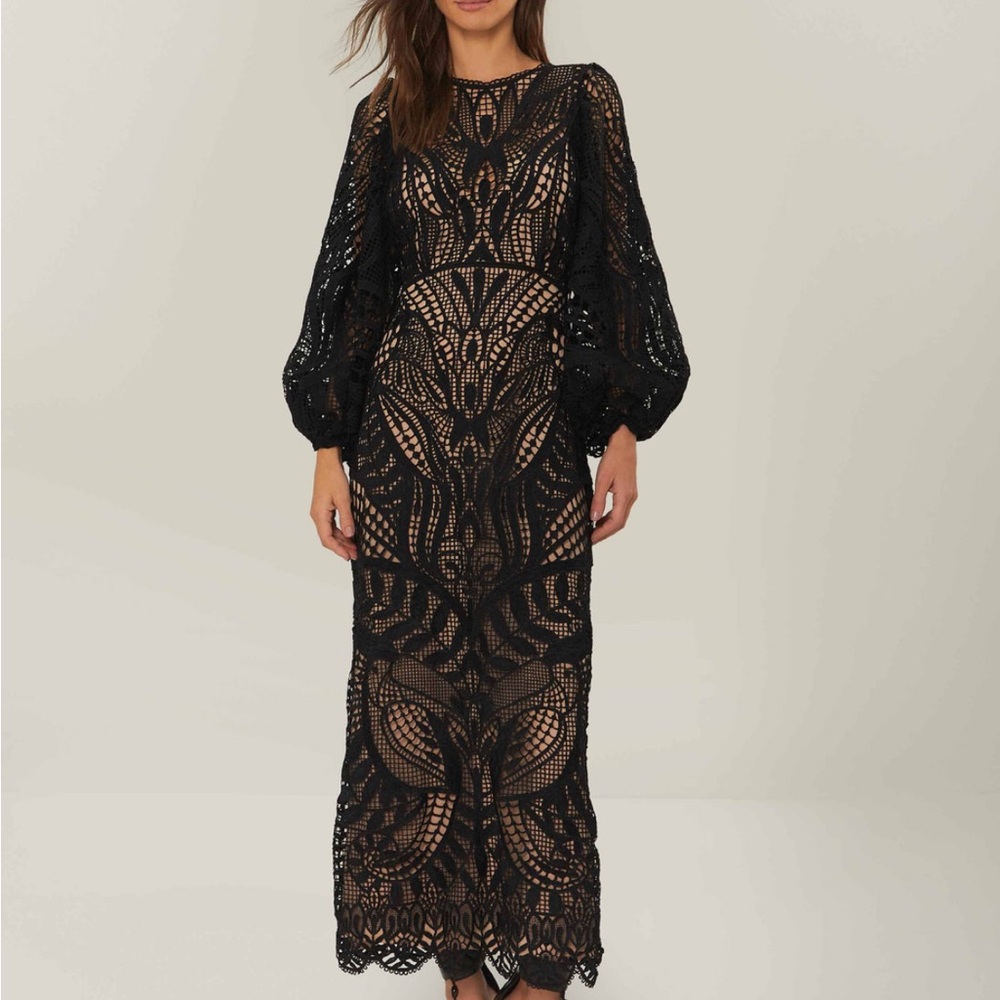 NWT FARM RIO Black Nature Guipure Midi Dress Small